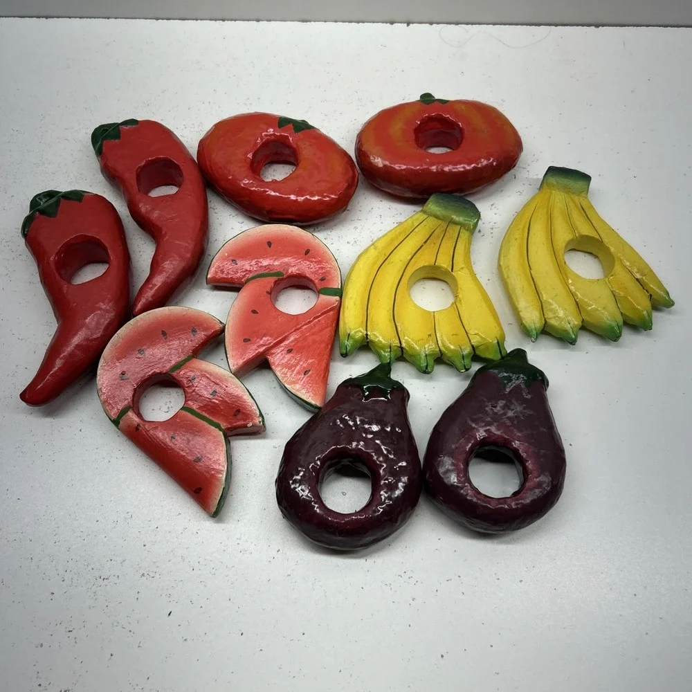 Vintage Wooden Fruit Napkin Rings Set 10 Watermelon Hand Painted 1970's